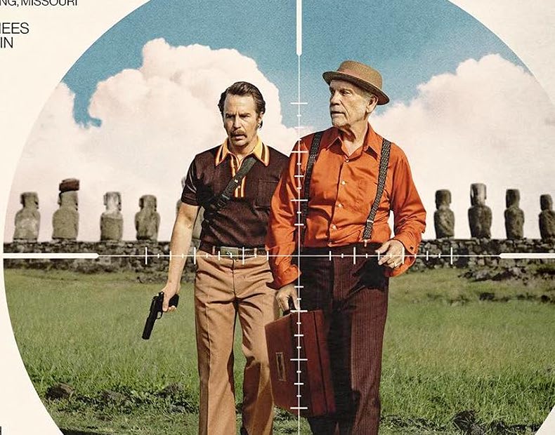 Thriller movie Wild Horse Nine, CIA agents on the island with Sam Rockwell and John Malkovich